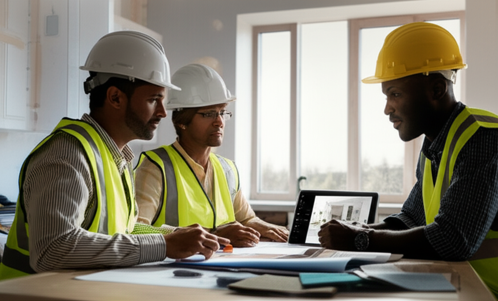 Construction team reviewing plans