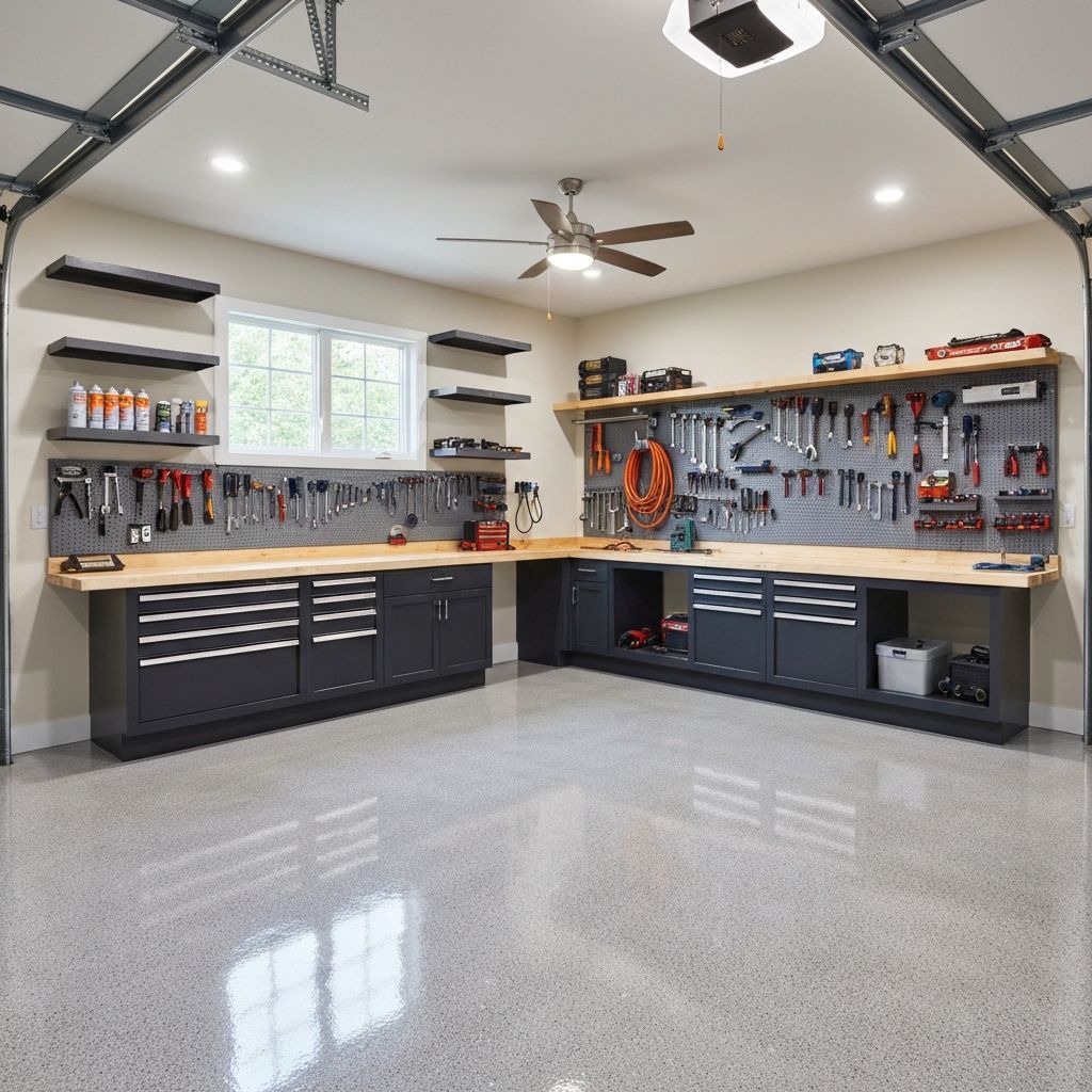 Finished garage with epoxy floor and organized workspace