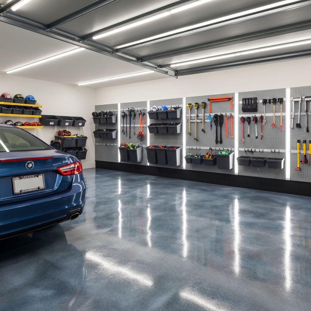 Finished garage with epoxy floor