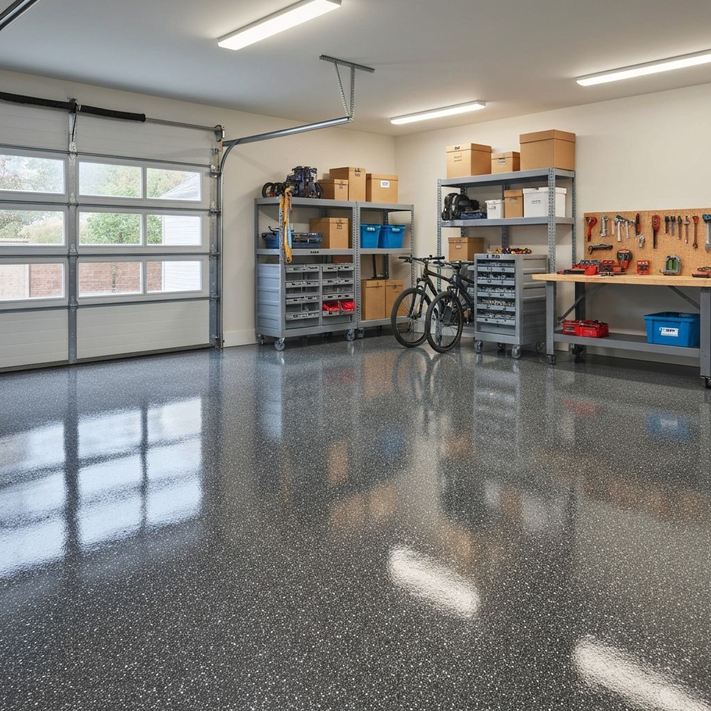 Garage with epoxy floor and organized storage