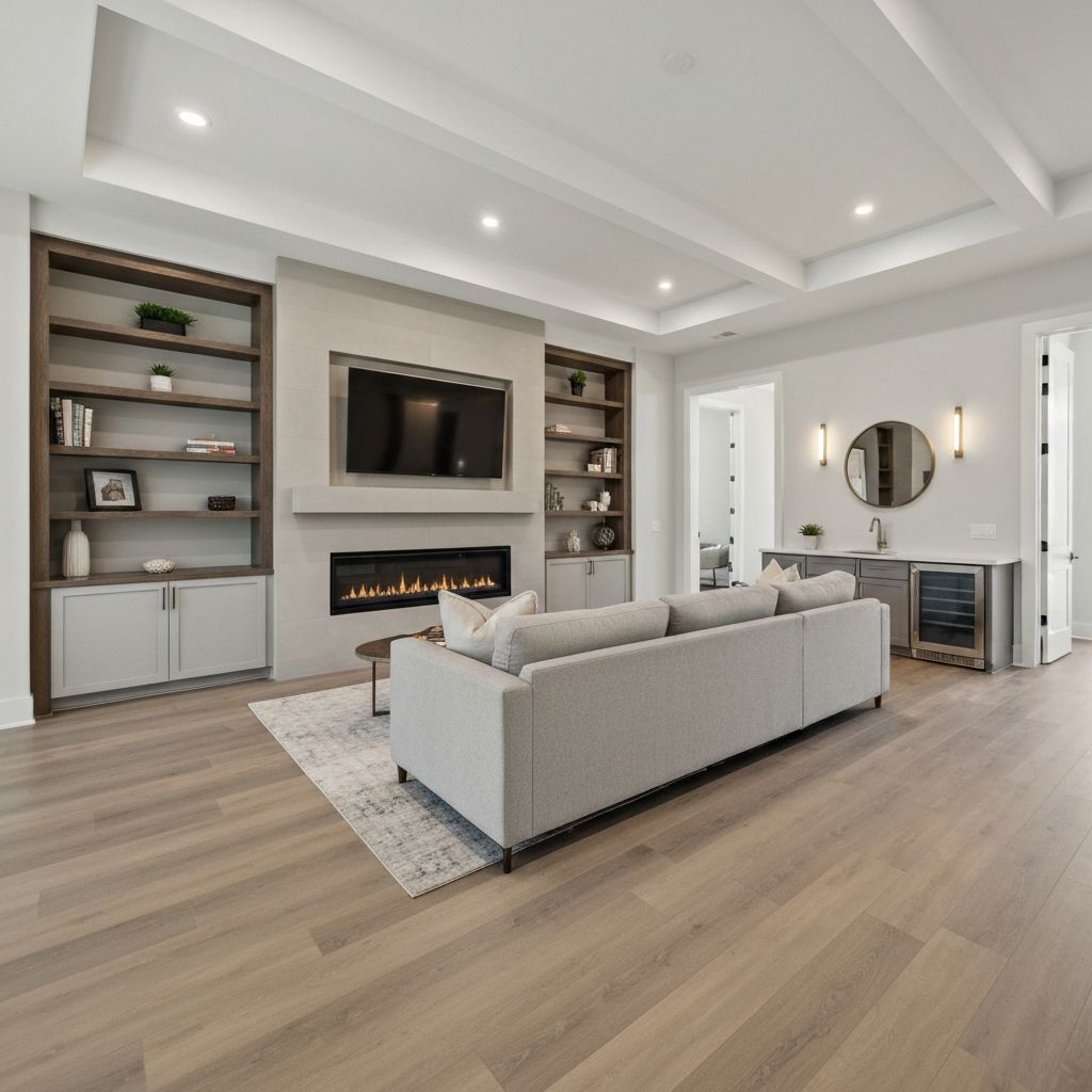 Finished basement entertainment space with built-in media wall