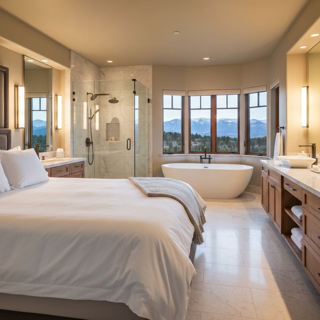 Spa-like master bathroom with freestanding tub and marble tile