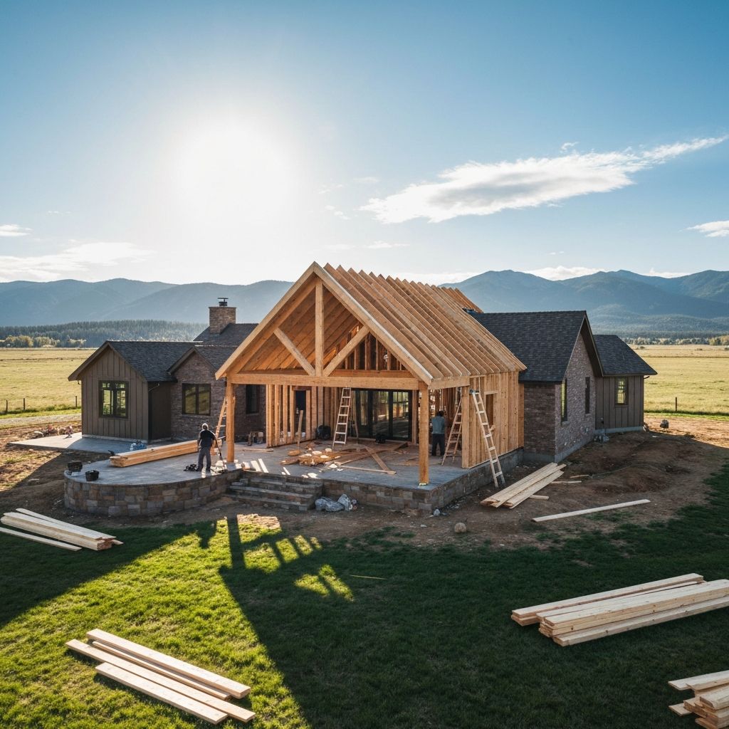 Home addition under construction with wood framing and Rocky Mountain views in Colorado